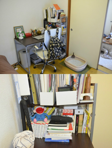 上：仕事机。椅子は5本足 下：机の横の書類